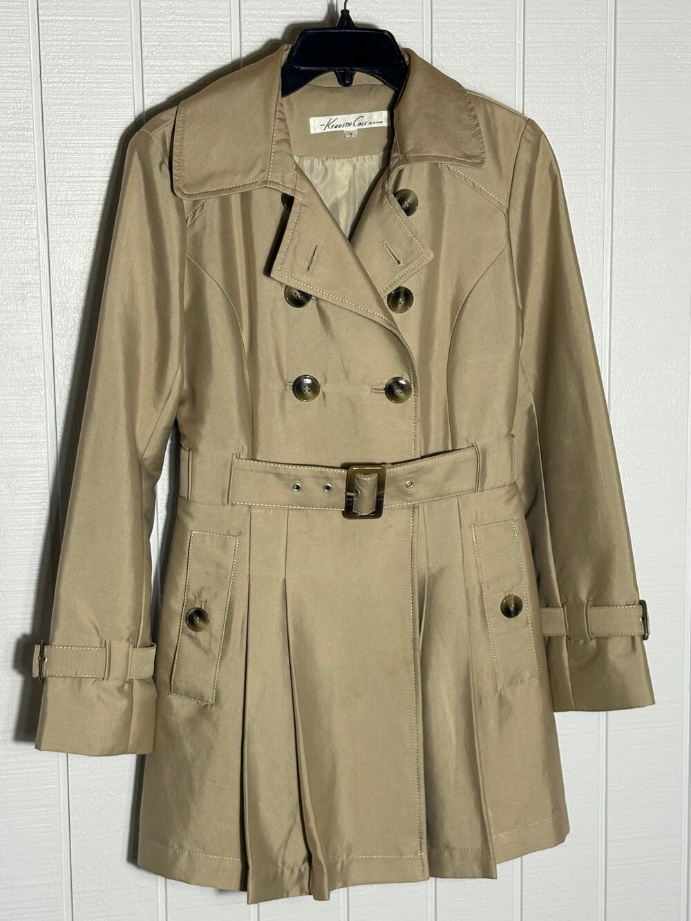 Kenneth Cole New York Women's S Tan Pleated Belted Trench Coat Classic